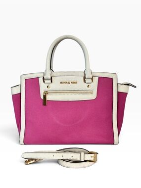 Michael Kors Pink White Saffiano Leather Large Tote Satchel Bag Gold Hardware